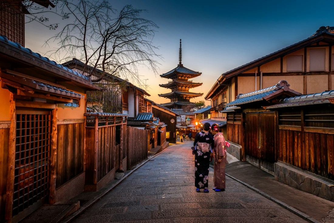Temple and mountain landscape in Kyoto, Japan